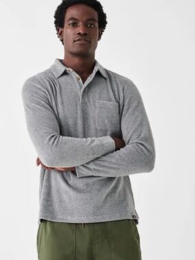 FAHERTY Towel Terry Long-sleeve Polo Shirt In Fall Heather Grey Medium